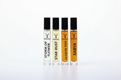 Moschus Luxury Perfume Gift Set 4×10ml – Sabya, Arabian Star, Star Dust & Storm Of Flower | Unisex Long-Lasting EDP Collection