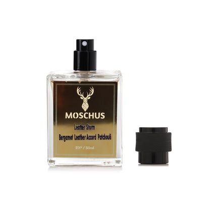 Leather Storm Eau de Parfum – Spicy Leather Woody Perfume for Men | Long-Lasting Luxury Scent by MOSCHUS