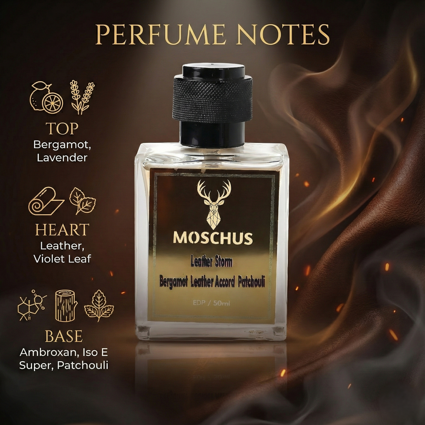 Leather Storm Eau de Parfum – Spicy Leather Woody Perfume for Men | Long-Lasting Luxury Scent by MOSCHUS