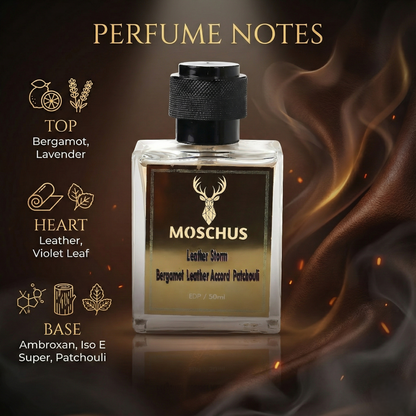 Leather Storm Eau de Parfum – Spicy Leather Woody Perfume for Men | Long-Lasting Luxury Scent by MOSCHUS