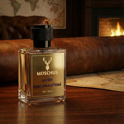 Leather Storm Eau de Parfum – Spicy Leather Woody Perfume for Men | Long-Lasting Luxury Scent by MOSCHUS